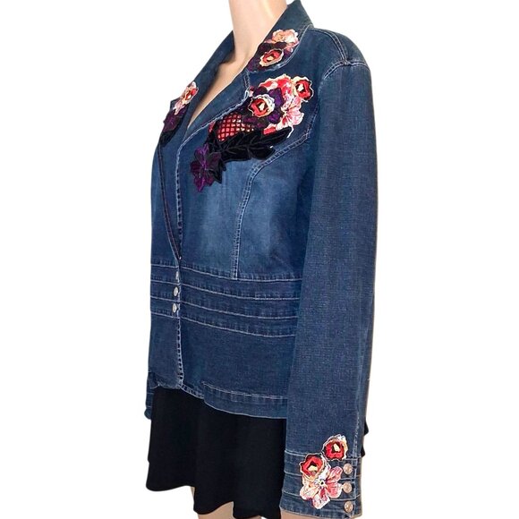 Boho Floral Embellished Upcycled Denim Jacket Size XL - Picture 6 of 7